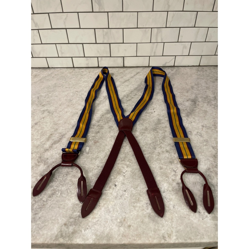 Cole Haan Suspenders Mens Blue Striped Y-Back Leather Button End Braces